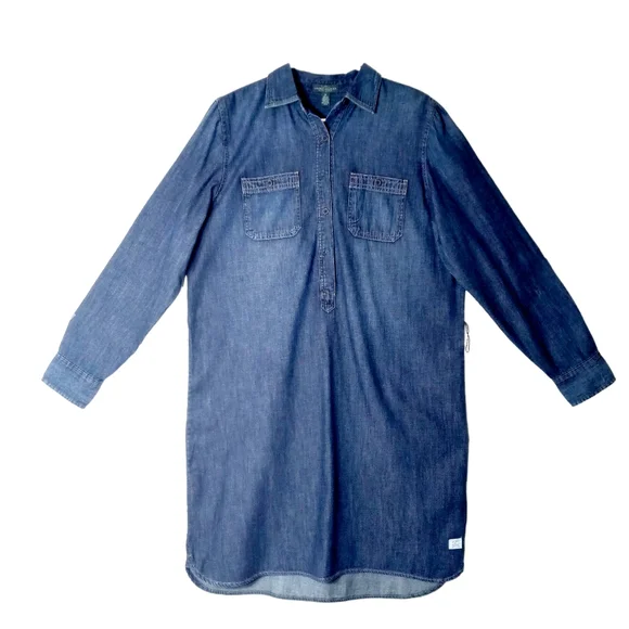Ralph Lauren Lauren Tie Waist Sash Belt Longsleeve Denim Shirt Dress In Blue - Picture 2 of 10